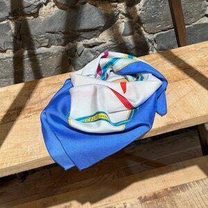 Celine Vintage Ivory Blue Hat Print Silk Square Scarf